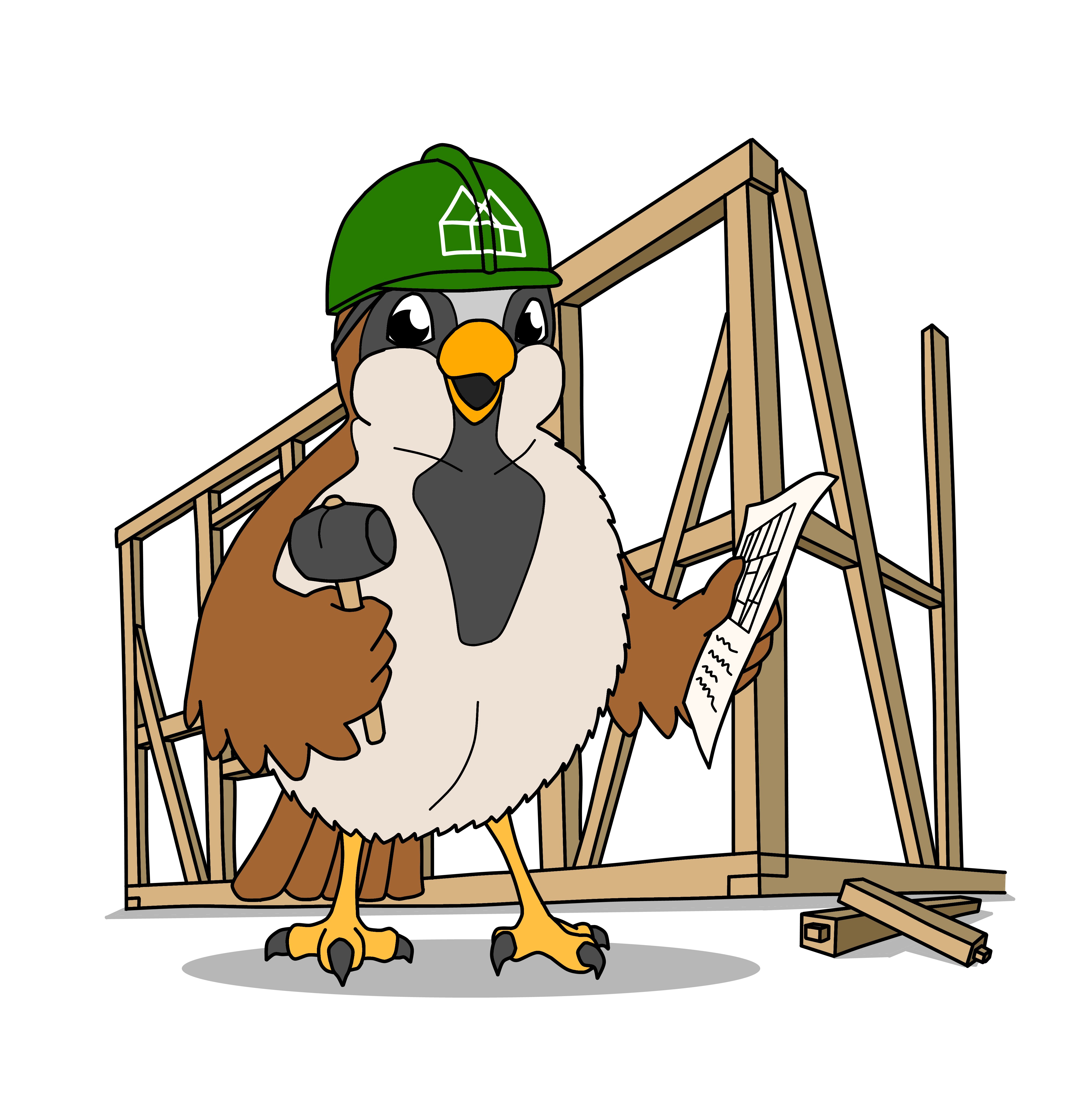 Ein gezeichneter Spatz mit Helm und Hammer steht vor seiner Fachwerkarbeit.