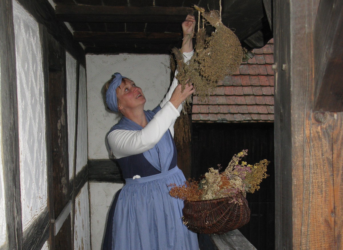 An eine Fachwerkdecke hängt eine Frau in Tracht getrocknete Blumen auf. 