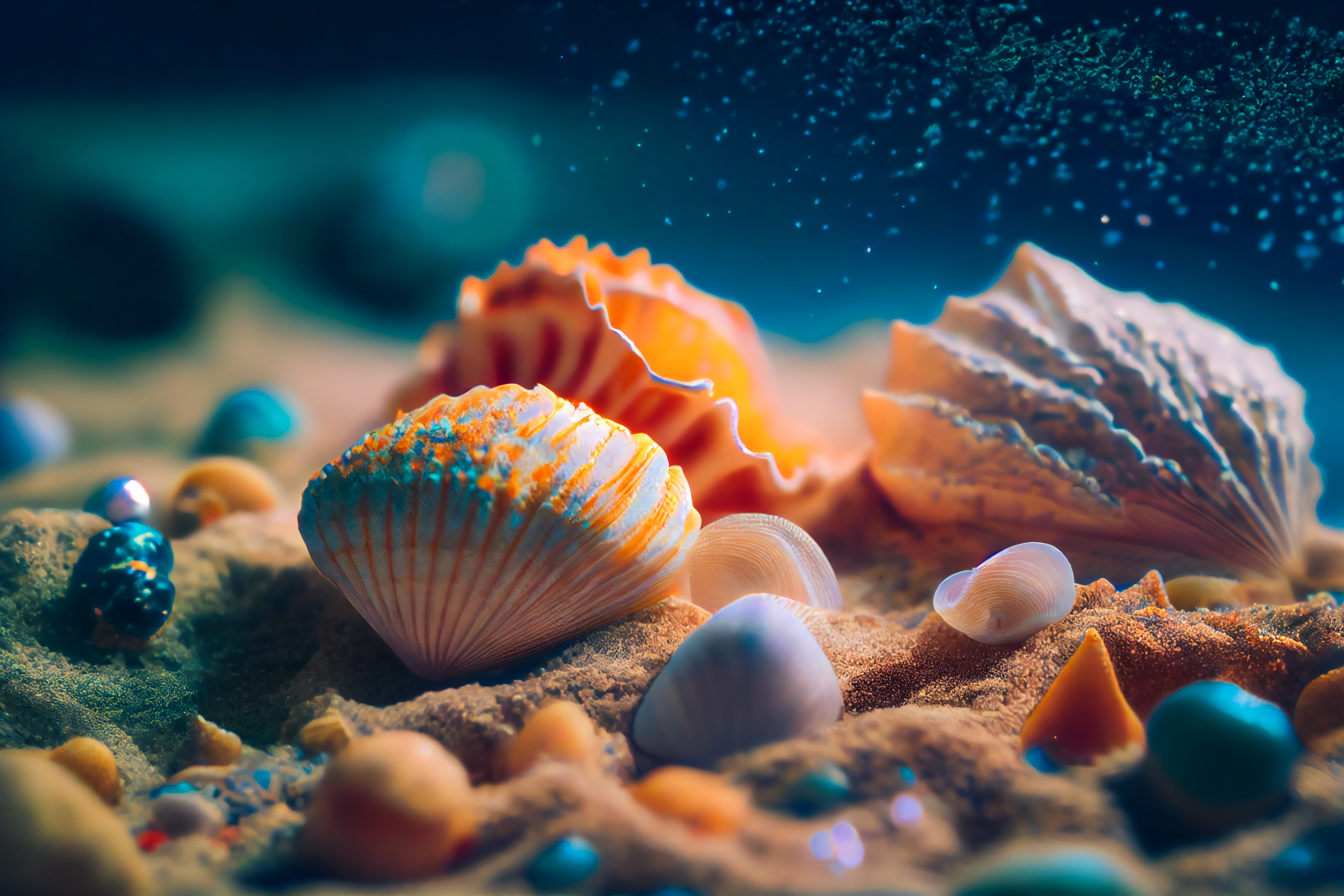 unter Wasser schimmern leuchtende Perlen und Muscheln
