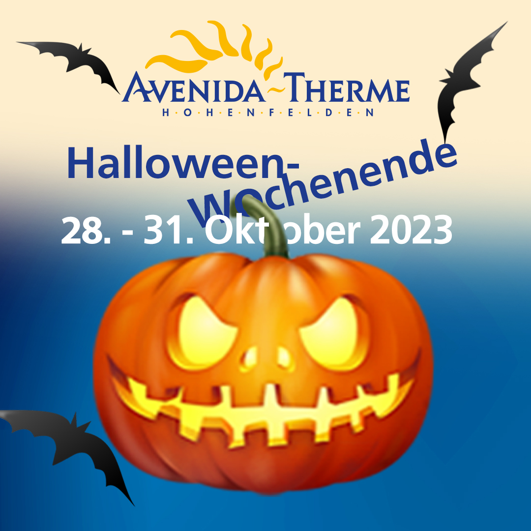 Leuchtende Augen eines Halloween-Kürbis mit Fledermäusen kündigen das Programmdatum an.