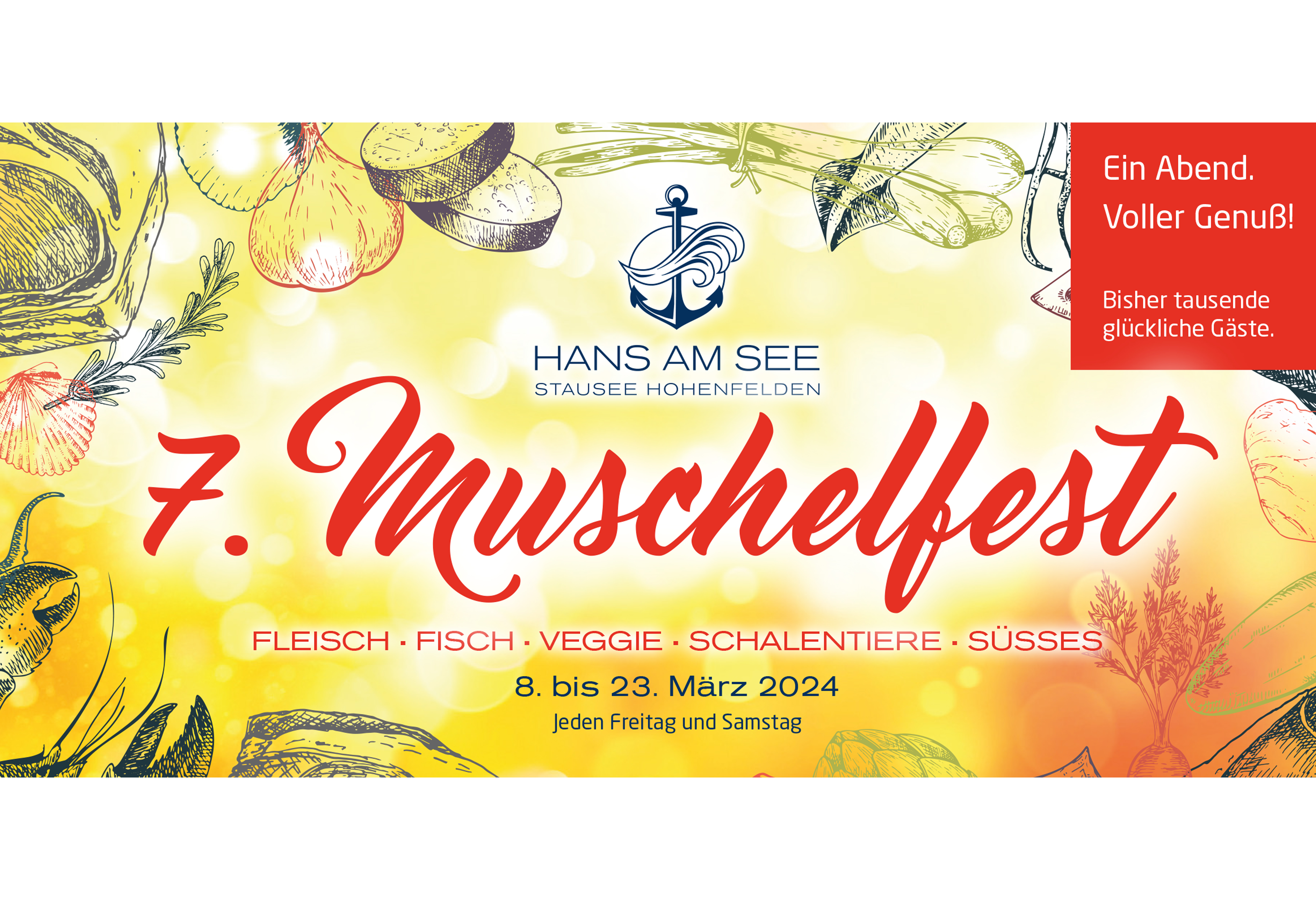 Gezeichnete Muscheln, Kräuter, Knoblauch und das Logo von Hans am See, d.h. ein Anker mit einer Welle.