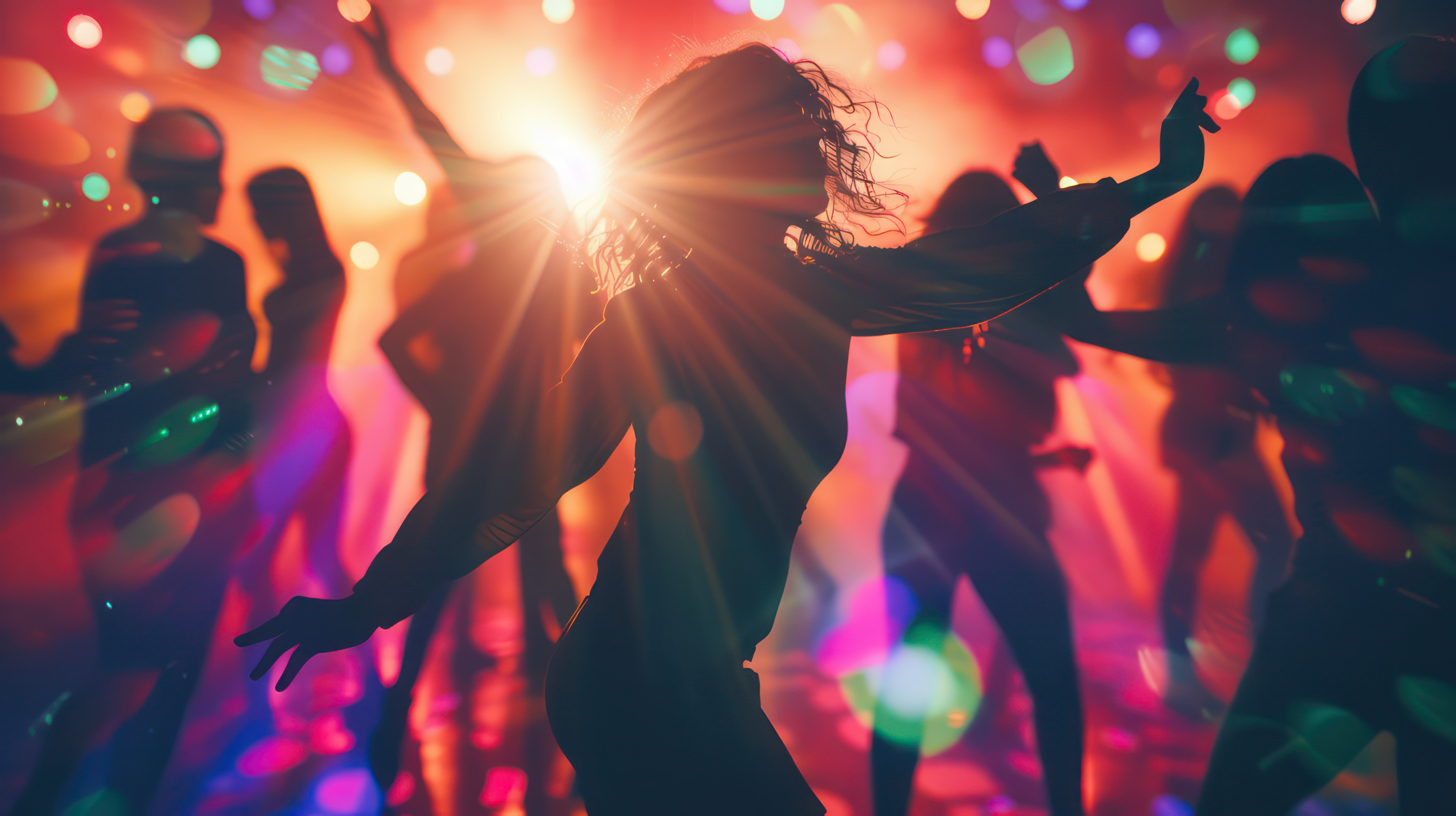 Partyleute tanzen ausgelassen in buntem Licht.