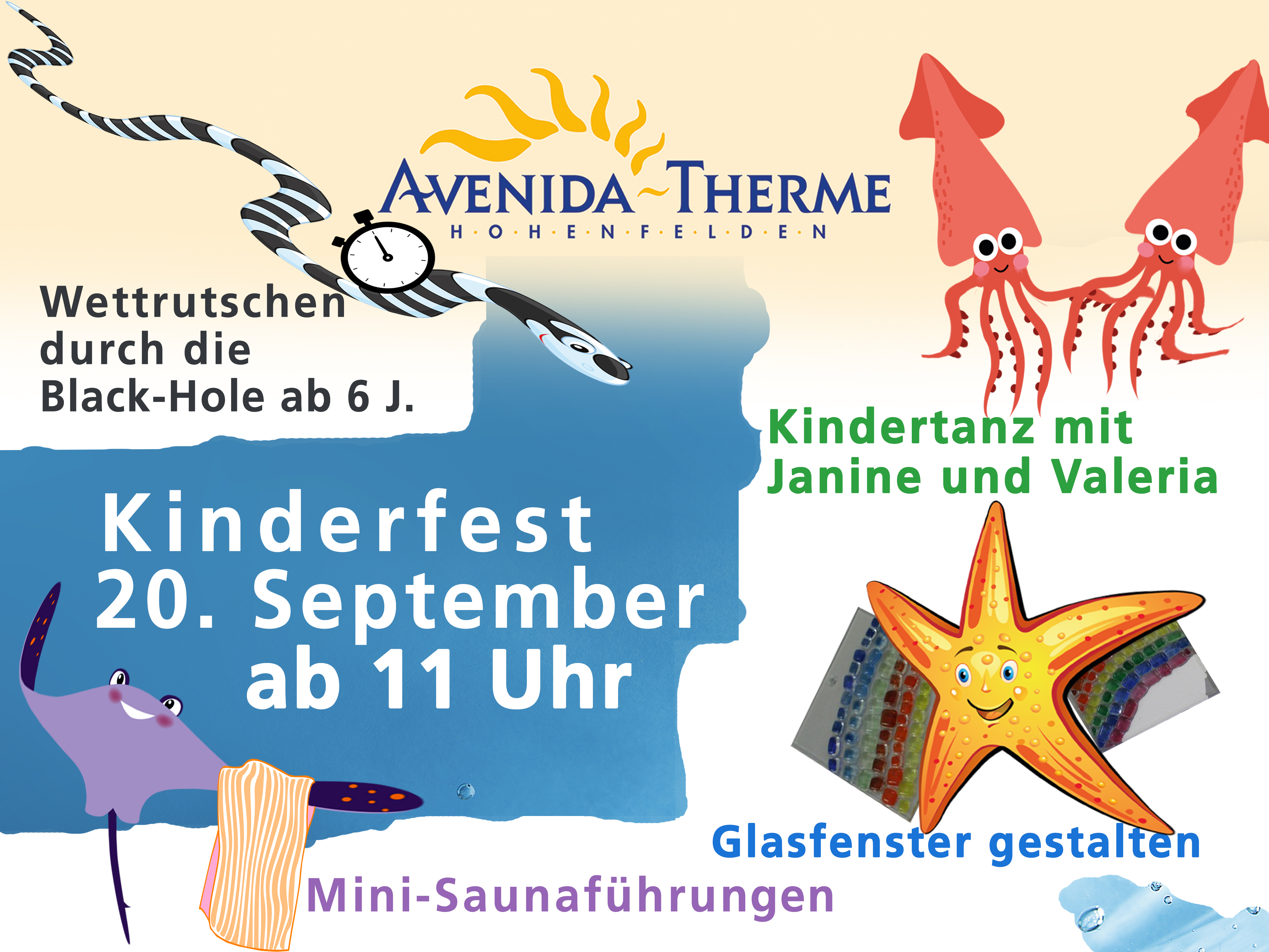 Das Plakat zeigt eine Comic-Wasserschlange mit Stoppuhr, ein Comic-Rochen mit Sauna-Tuch, einen Stern mit Gla